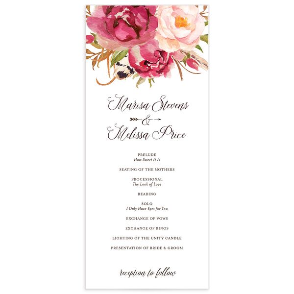 Wildflower Watercolor Wedding Programs front in Rose Pink