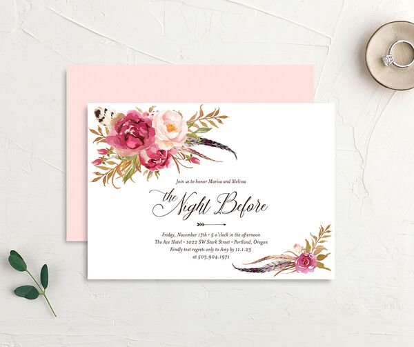 Wildflower Watercolor Rehearsal Dinner Invitations front-and-back in Rose Pink