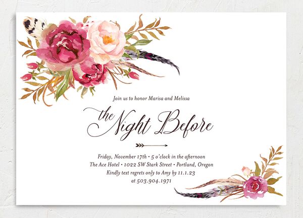 Wildflower Watercolor Rehearsal Dinner Invitations front in Rose Pink