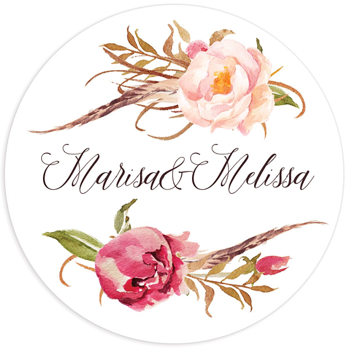Wildflower Watercolor Wedding Stickers front in Rose Pink
