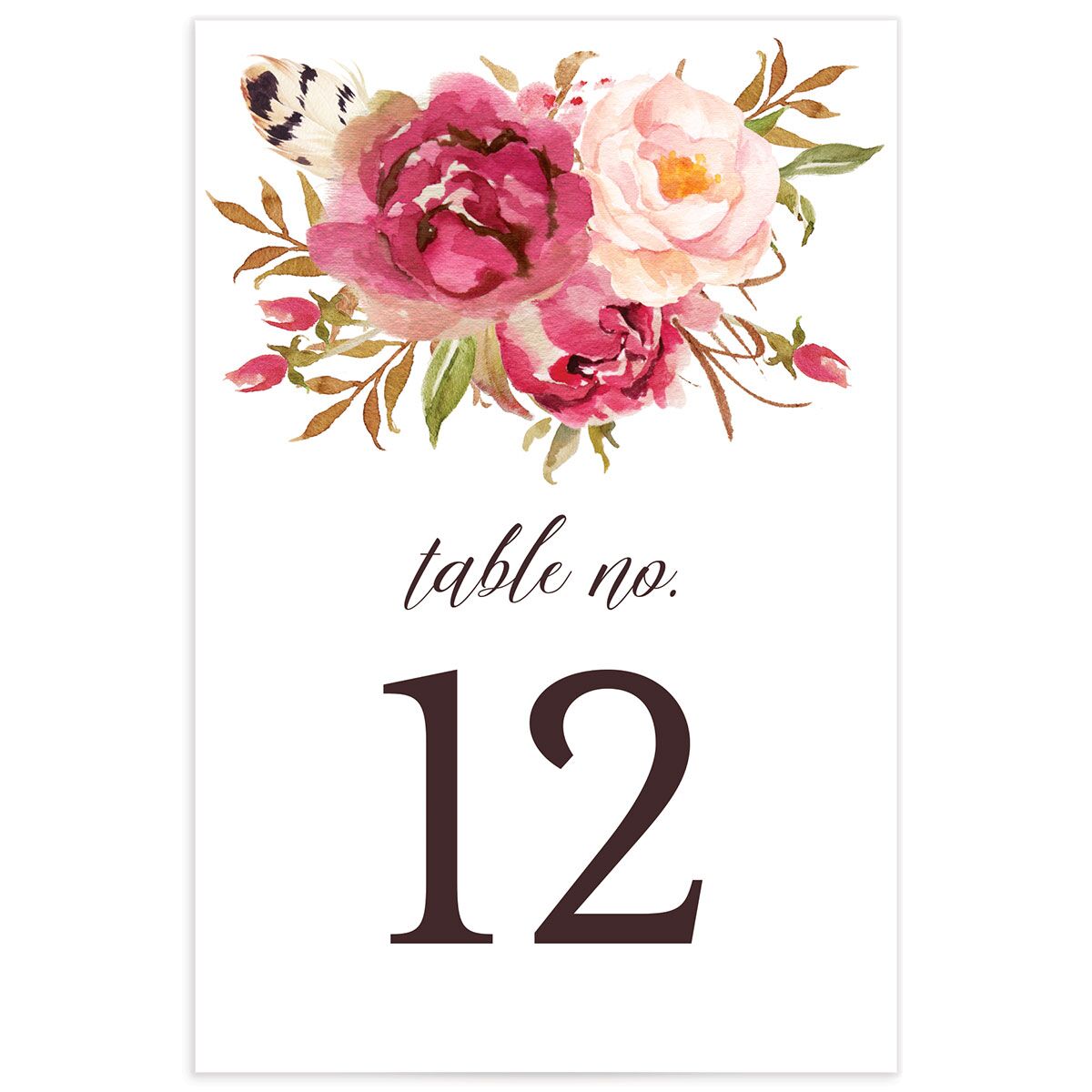 Wildflower Watercolor Table Numbers front in Rose Pink