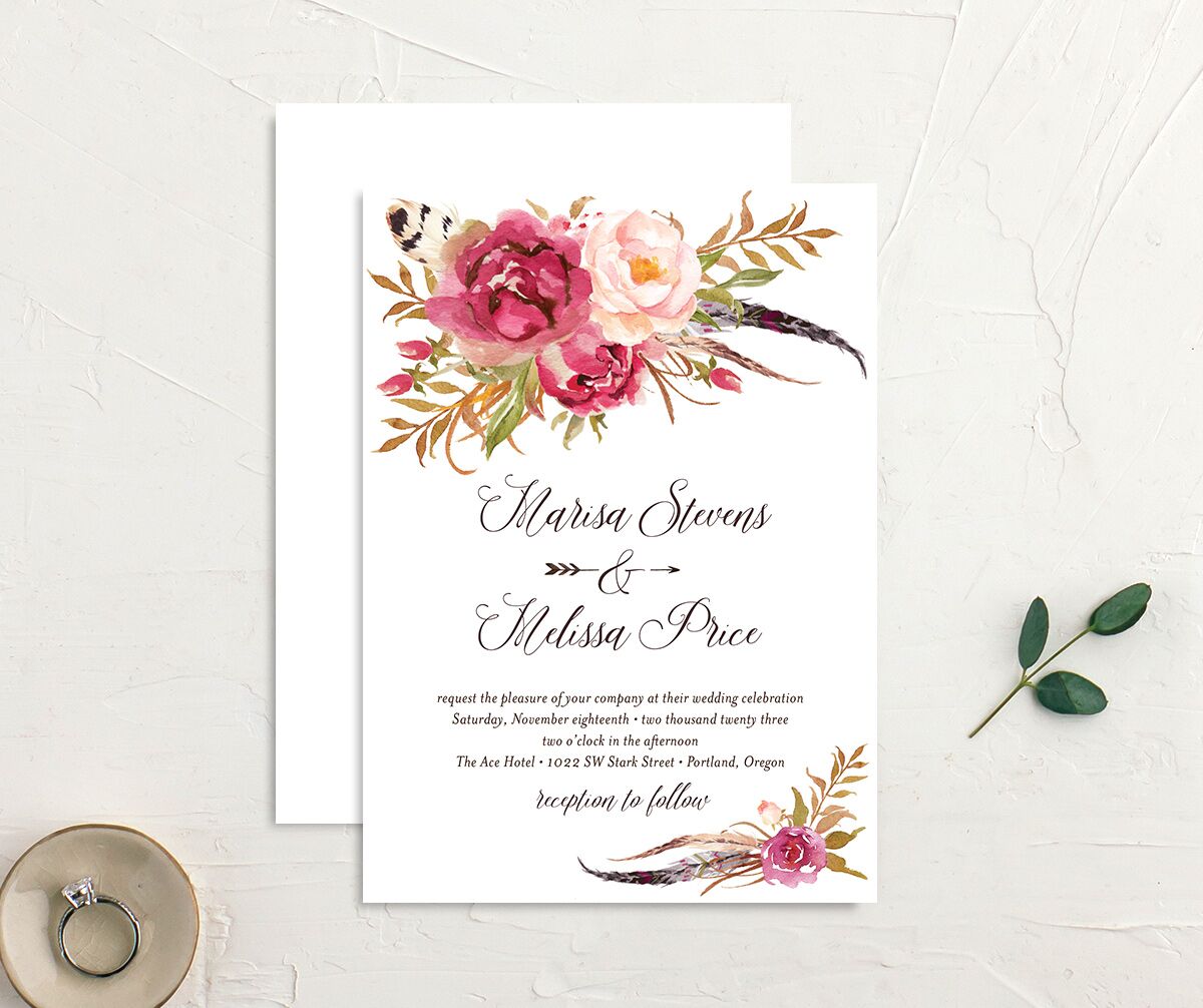 Wildflower Watercolor Wedding Invitations front-and-back in Pink