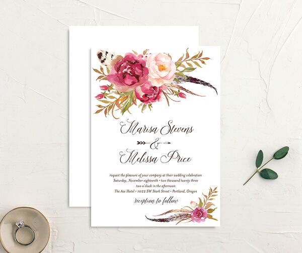 Wildflower Watercolor Wedding Invitations front-and-back in Rose Pink