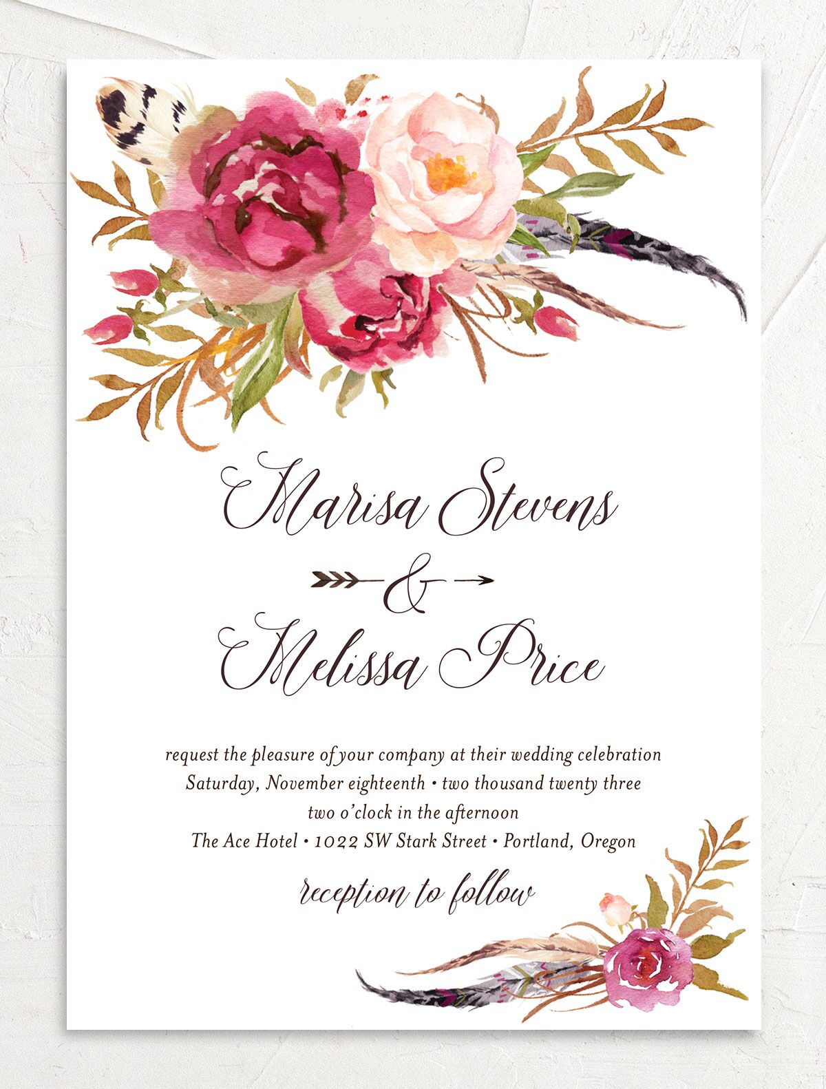 Wildflower Watercolor Wedding Invitations front in Pink