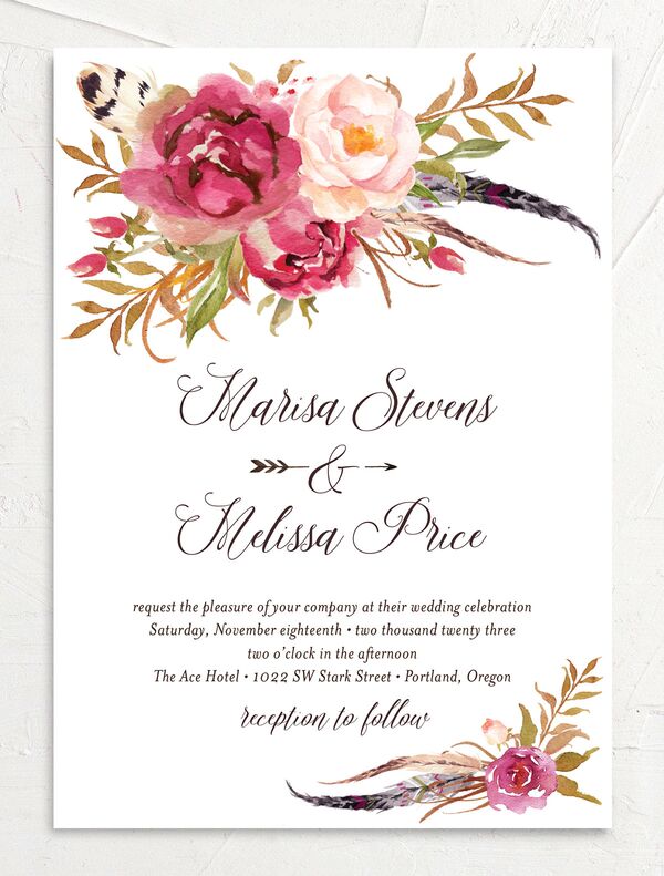 Wildflower Watercolor Wedding Invitations front in Rose Pink