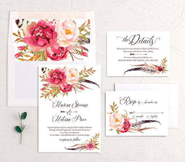 Wildflower Watercolor Wedding Invitations suite in Rose Pink