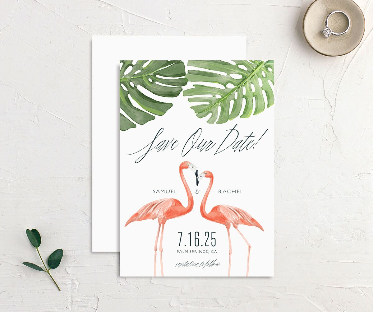 Tropical Elegance Save the Date Cards front-and-back in Jewel Green