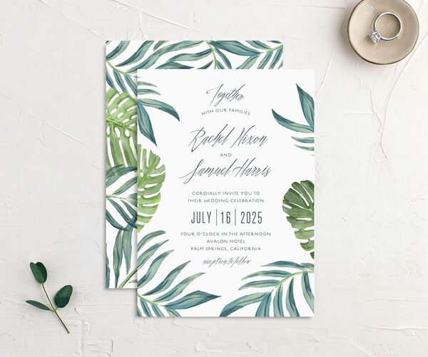 Tropical Elegance Wedding Invitations front-and-back in Jewel Green