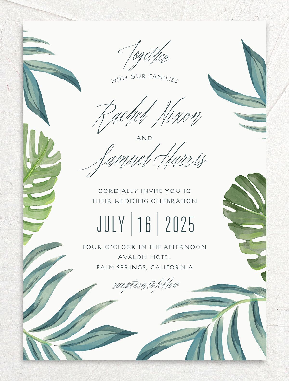 Tropical Elegance Wedding Invitations front in Jewel Green