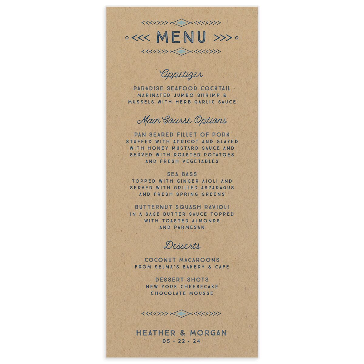 Rustic Mountain Menus front in French Blue