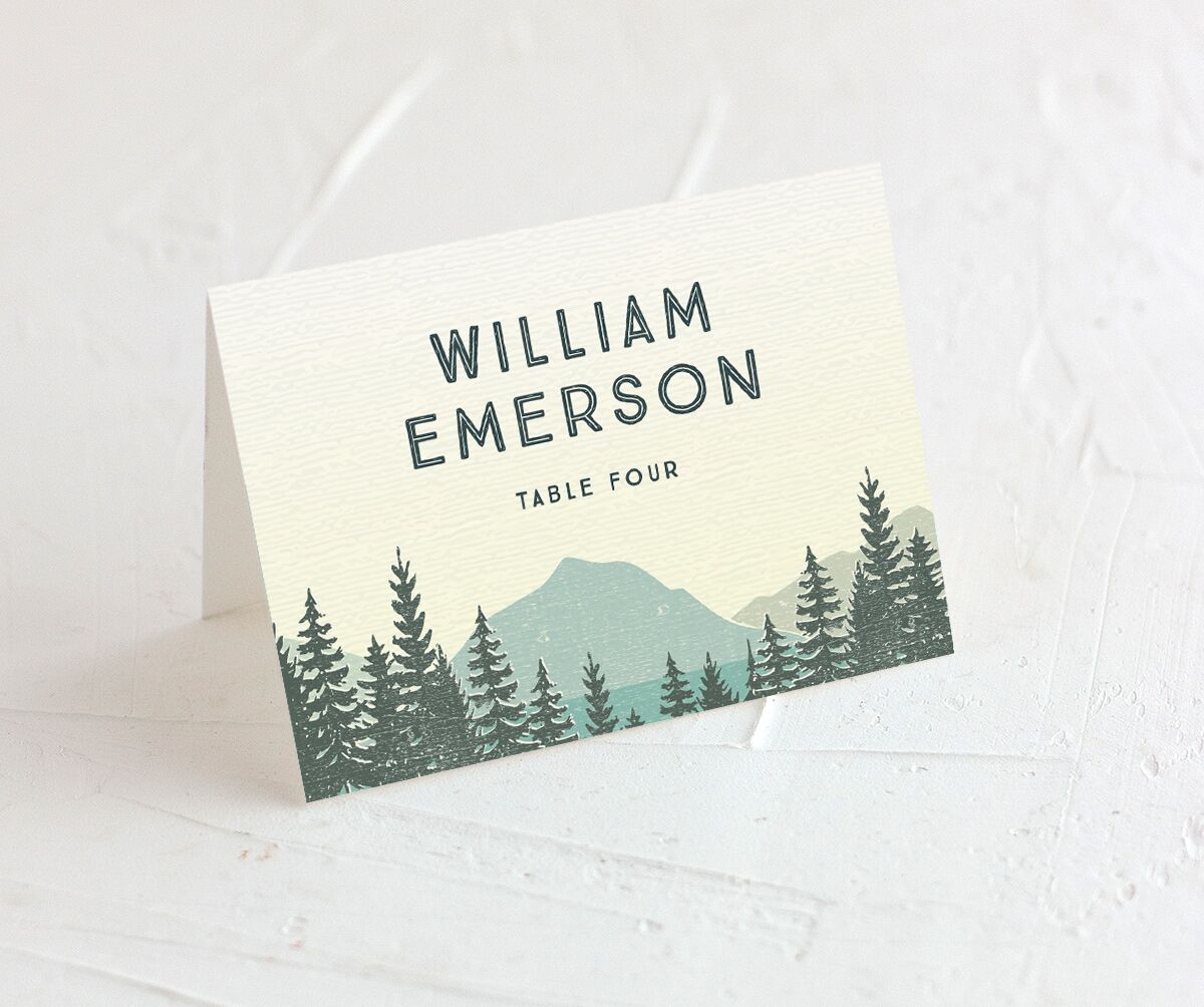 Rustic Mountain Place Cards front in Turquoise
