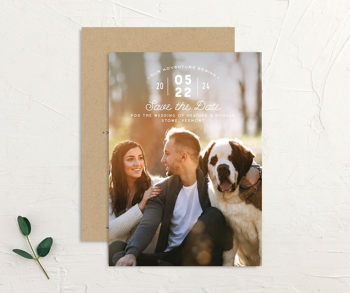 Rustic Mountain Save the Date Cards front-and-back in Walnut