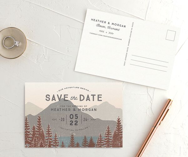 Rustic Mountain Save the Date Postcards front-and-back in Walnut