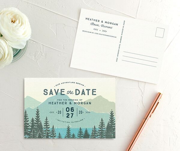 Rustic Mountain Save the Date Postcards front-and-back in Turquoise