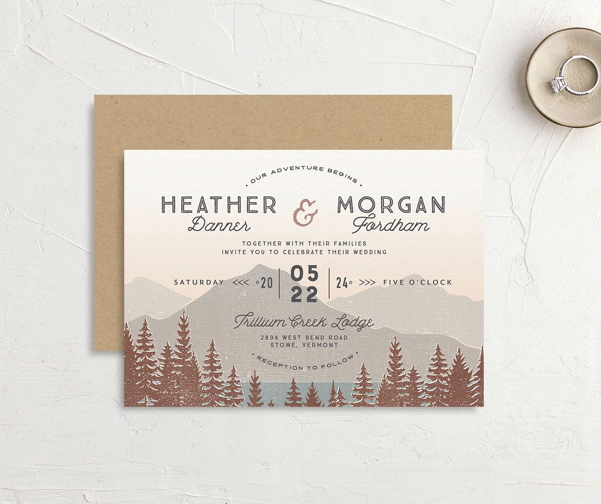 Rustic Mountain Wedding Invitations front-and-back in Walnut