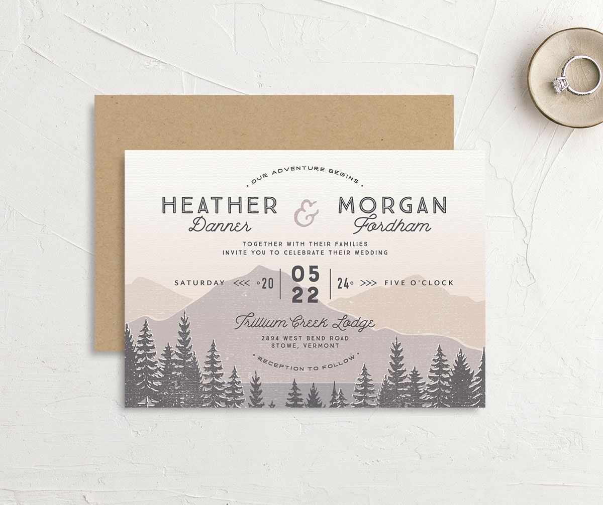 Rustic Mountain Wedding Invitations front-and-back in Grey