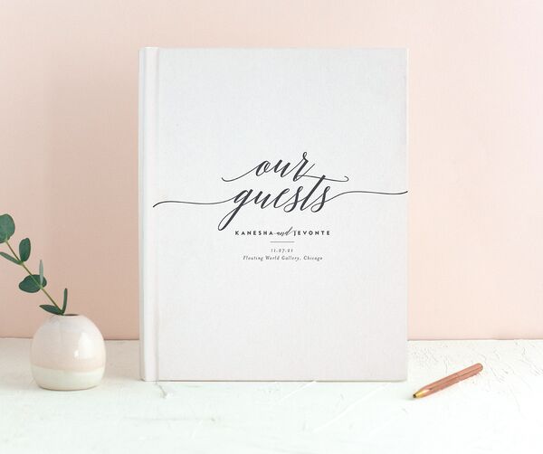 Modern Calligraphy Wedding Guest Book front in Silver