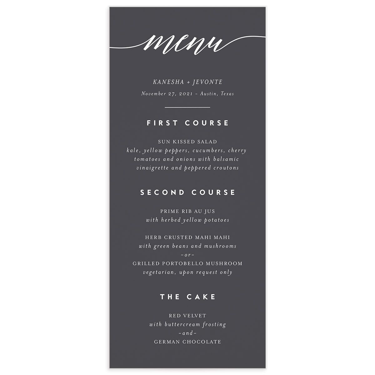 Modern Calligraphy Menus front in Silver