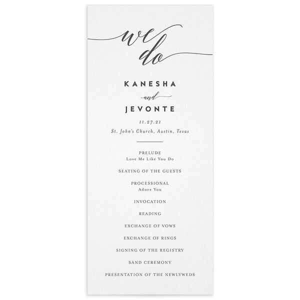 Modern Calligraphy Wedding Programs front in Silver