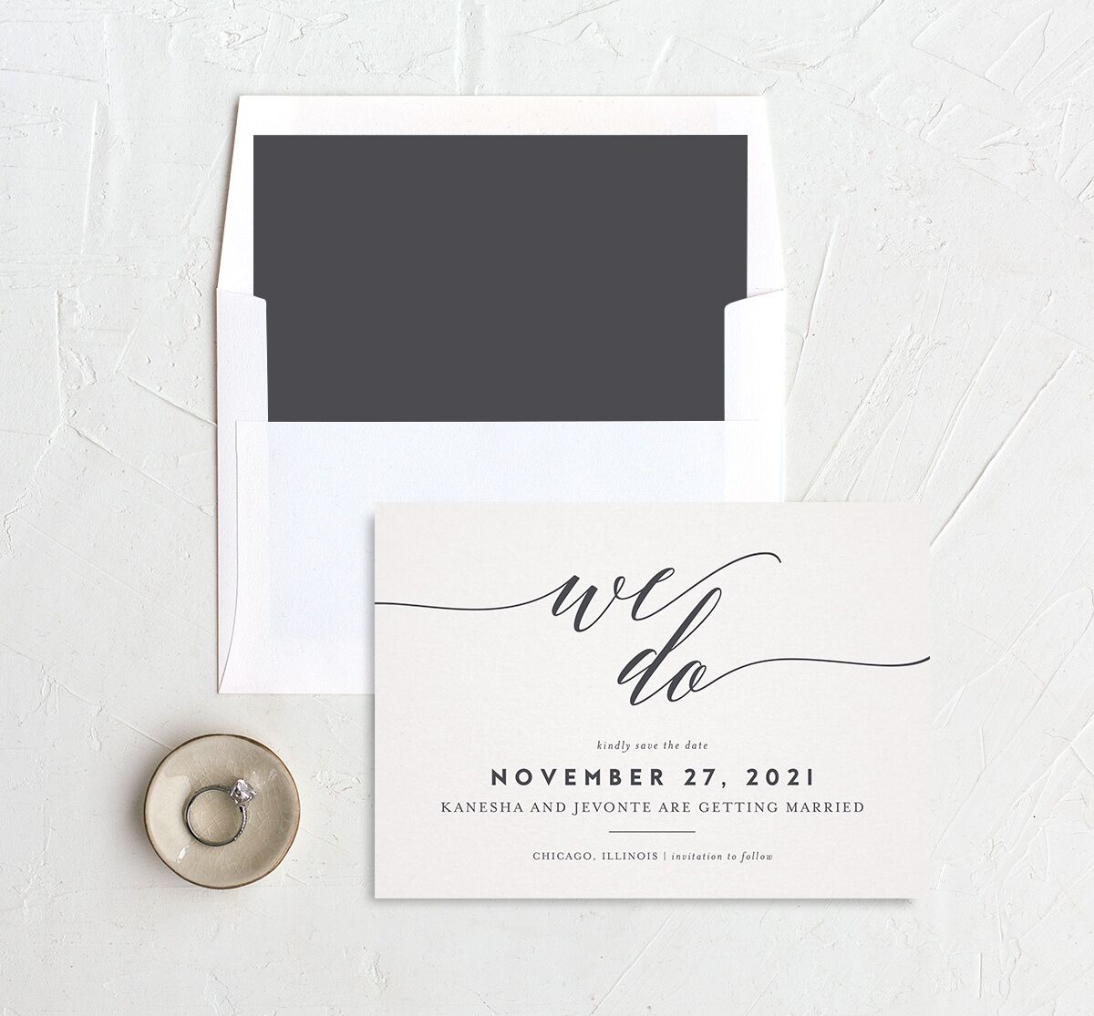 Modern Calligraphy Save the Date Cards envelope-and-liner in Silver