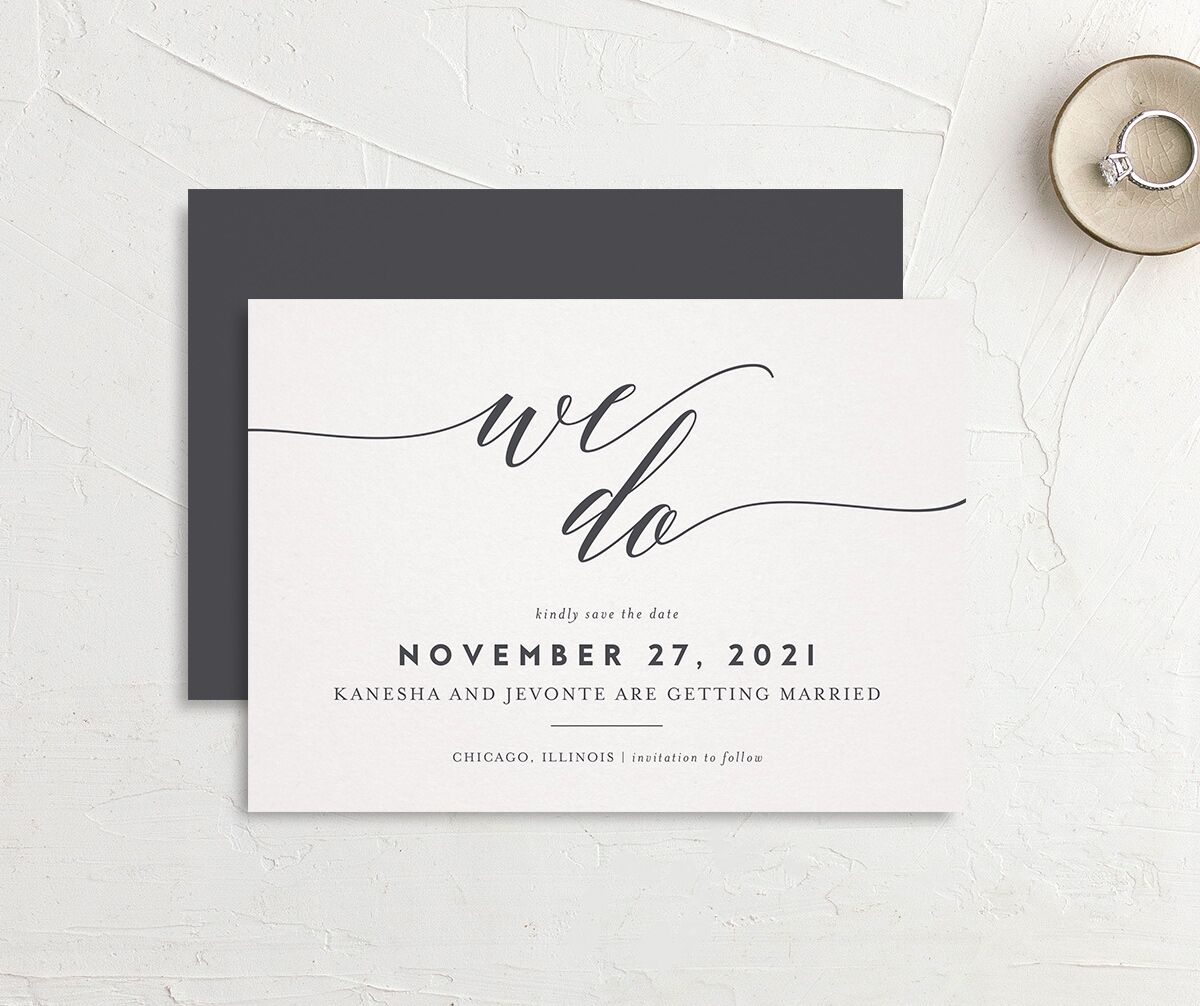 Modern Calligraphy Save the Date Cards front-and-back in Grey
