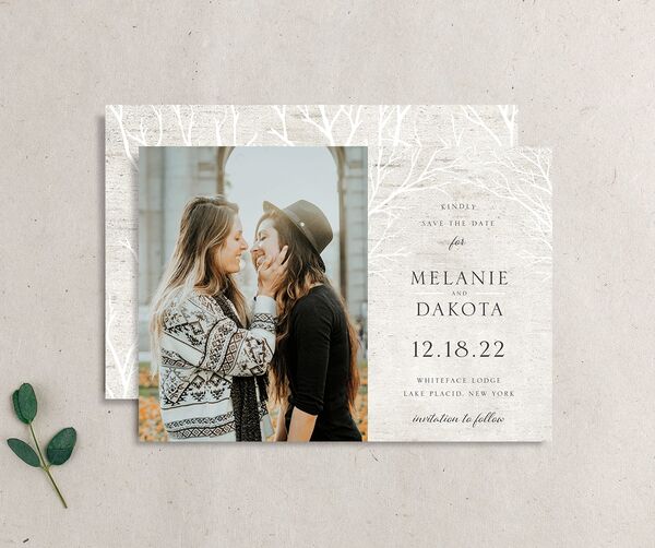 Winter Rustic Save the Date Cards front-and-back in Walnut
