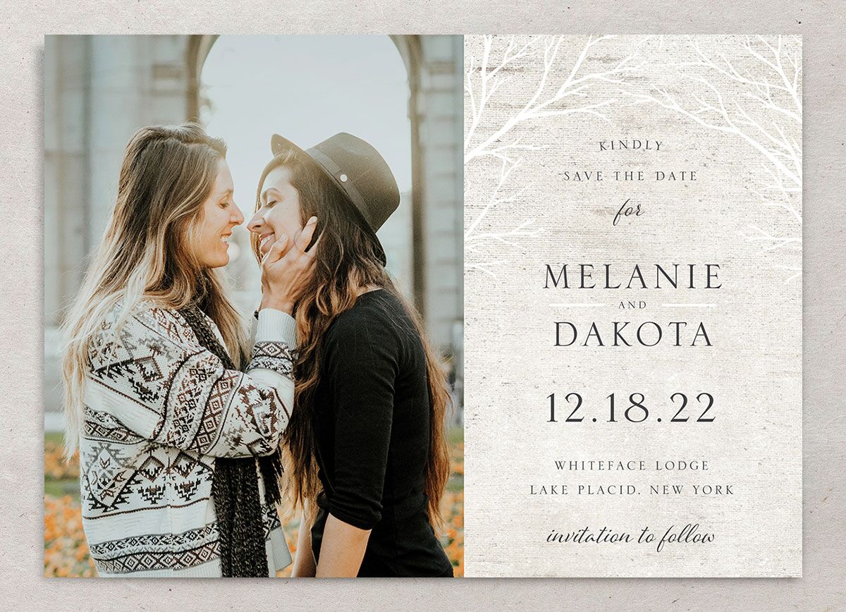 Winter Rustic Save the Date Cards front in Walnut