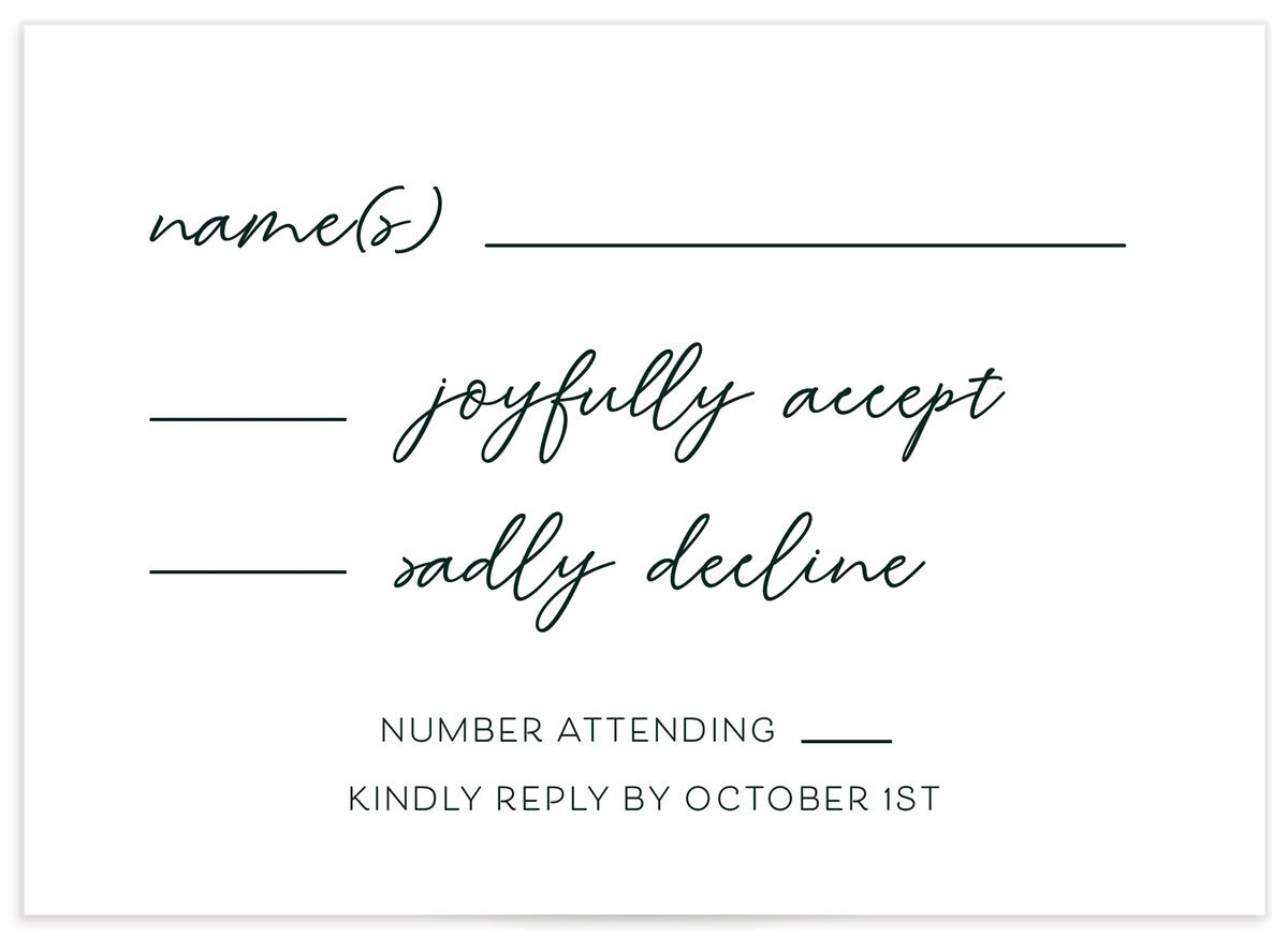 Contemporary Script Wedding Response Cards front in Jewel Green