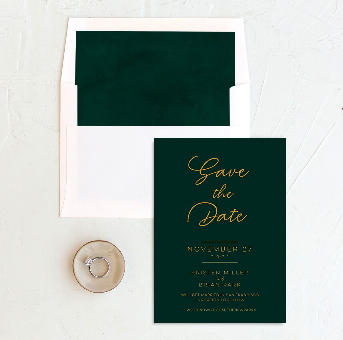 Contemporary Script Save the Date Cards envelope-and-liner in Jewel Green