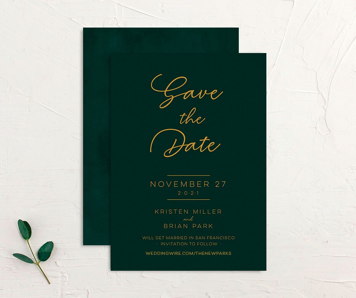 Contemporary Script Save the Date Cards front-and-back in Jewel Green