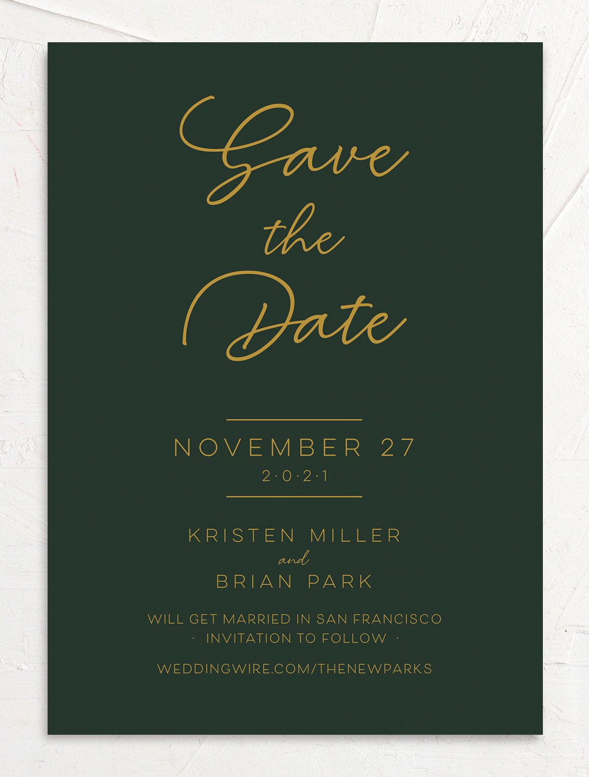 Contemporary Script Save the Date Cards front in Jewel Green