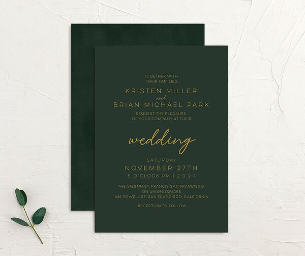 Contemporary Script Wedding Invitations front-and-back in Jewel Green
