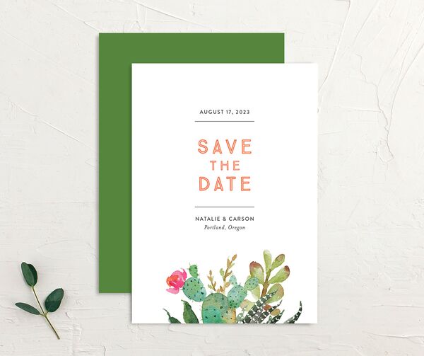 Painted Succulents Save the Date Cards front-and-back in Jewel Green