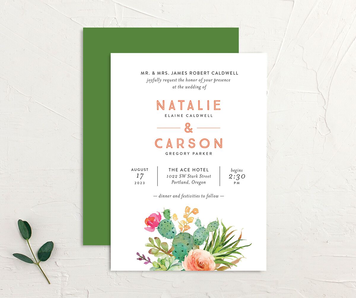 Painted Succulents Wedding Invitations front-and-back in Jewel Green