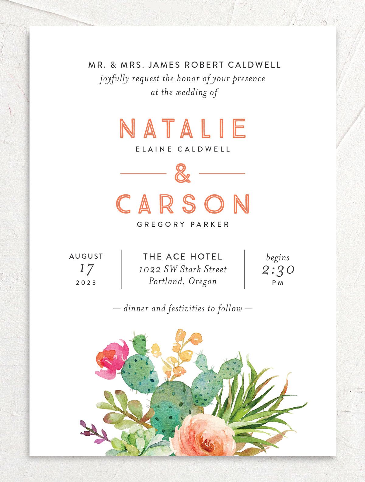 Painted Succulents Wedding Invitations front in Jewel Green