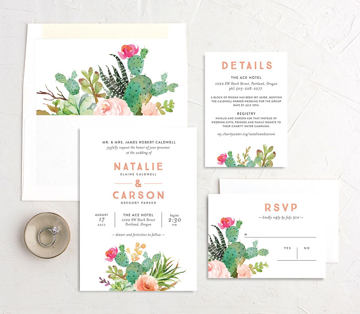 Painted Succulents Wedding Invitations suite in Jewel Green