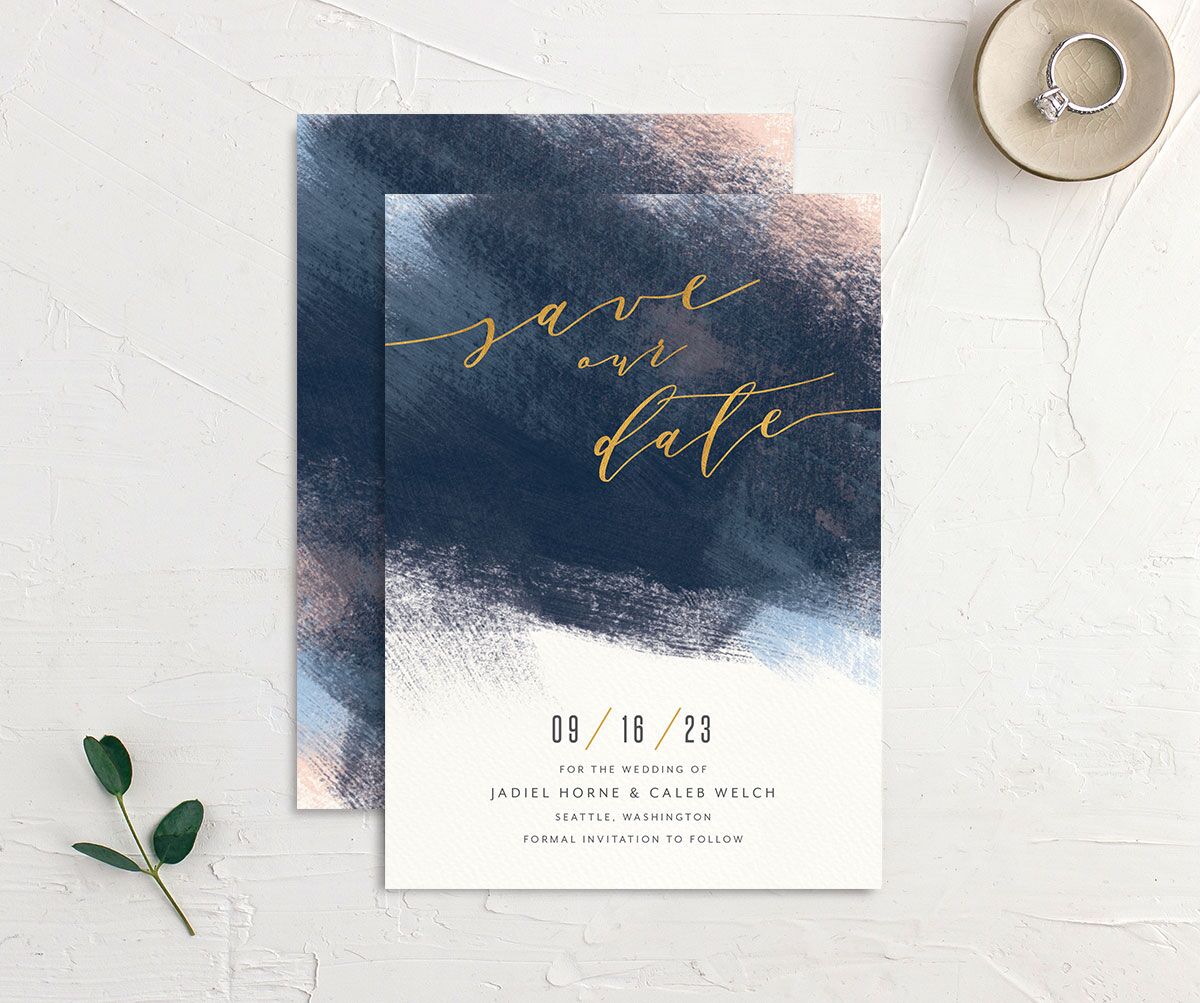Modern Abstract Save the Date Cards front-and-back in French Blue