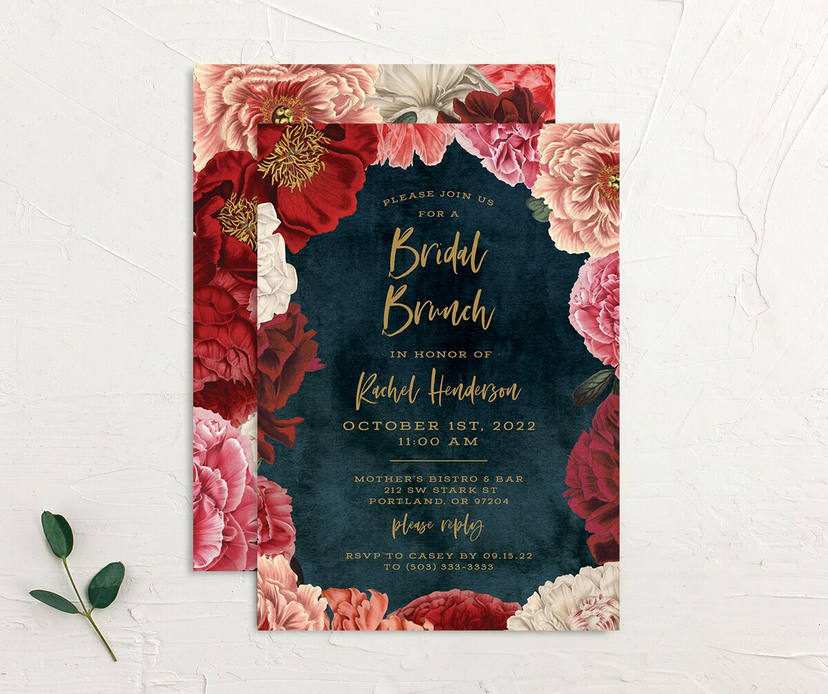 Night Sky Blooms Bridal Shower Invitations front-and-back in French Blue