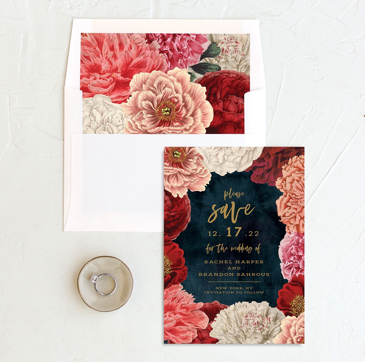 Night Sky Blooms Save the Date Cards envelope-and-liner in French Blue