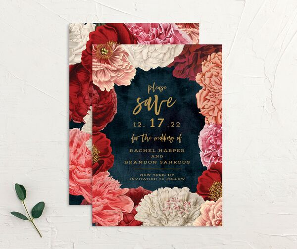 Night Sky Blooms Save the Date Cards front-and-back in French Blue