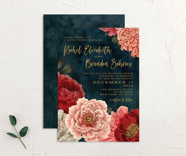 Night Sky Blooms Wedding Invitations front-and-back in French Blue