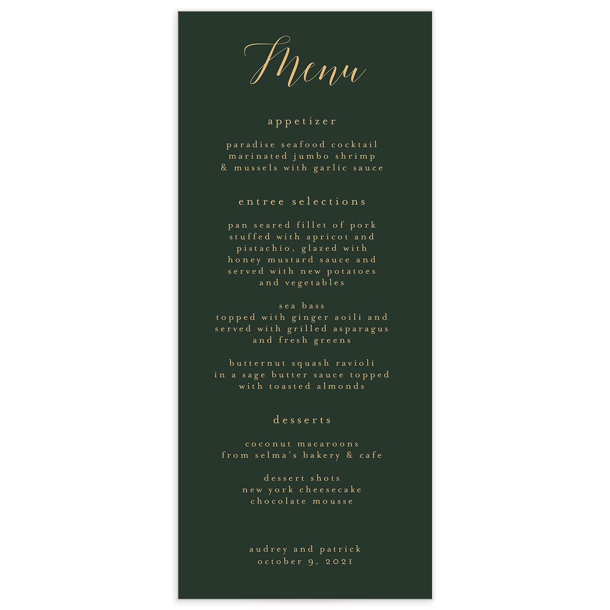 Marble Glamour Menus front in Jewel Green