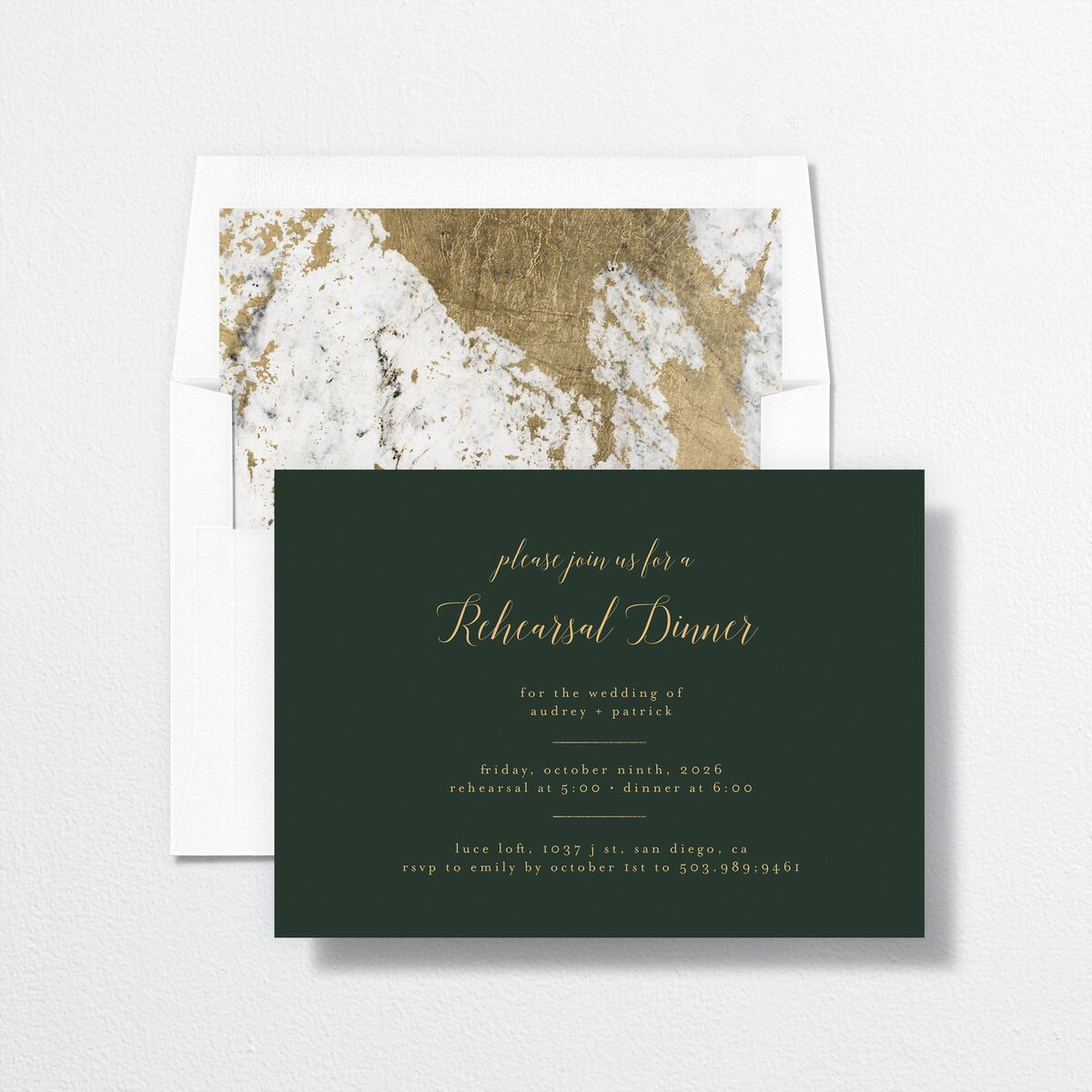 Marble Glamour Rehearsal Dinner Invitations envelope-and-liner in Jewel Green