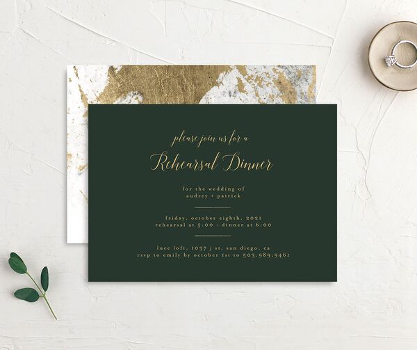 Marble Glamour Rehearsal Dinner Invitations front-and-back in Jewel Green