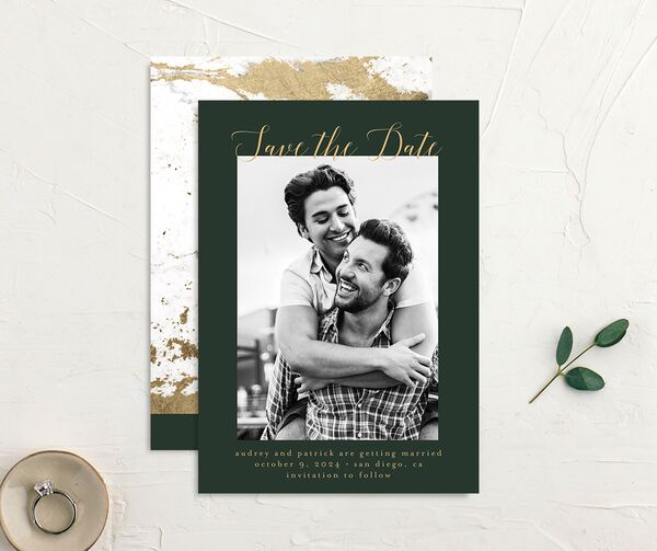 Marble Glamour Save the Date Cards front-and-back in Jewel Green