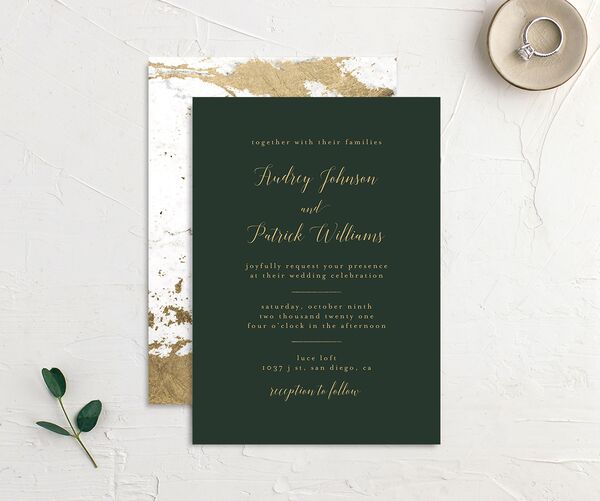 Marble Glamour Wedding Invitations front-and-back in Jewel Green