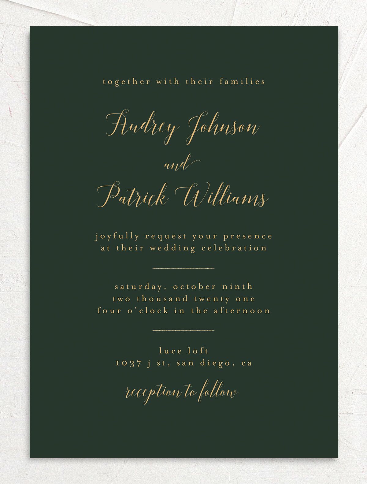 Marble Glamour Wedding Invitations front in Jewel Green