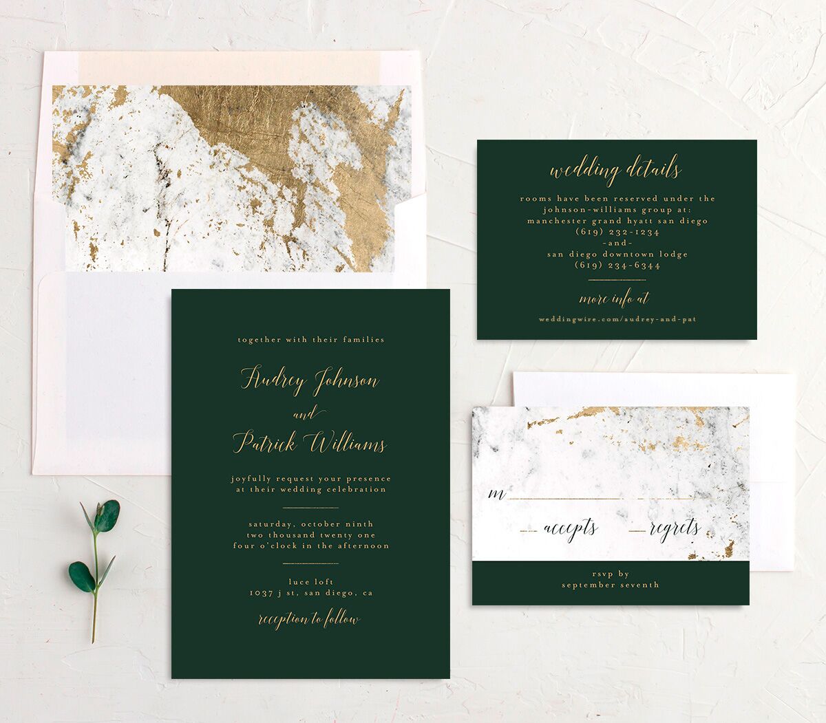 Marble Glamour Wedding Invitations suite in Green