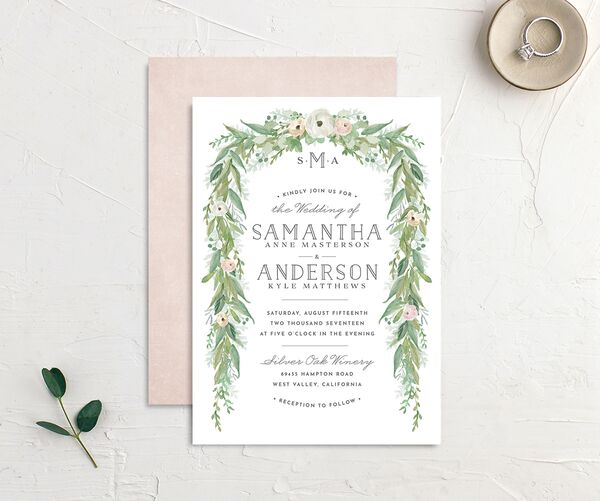 Painted Garland Wedding Invitations front-and-back in Green