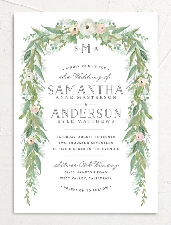Painted Garland Wedding Invitations front in Jewel Green